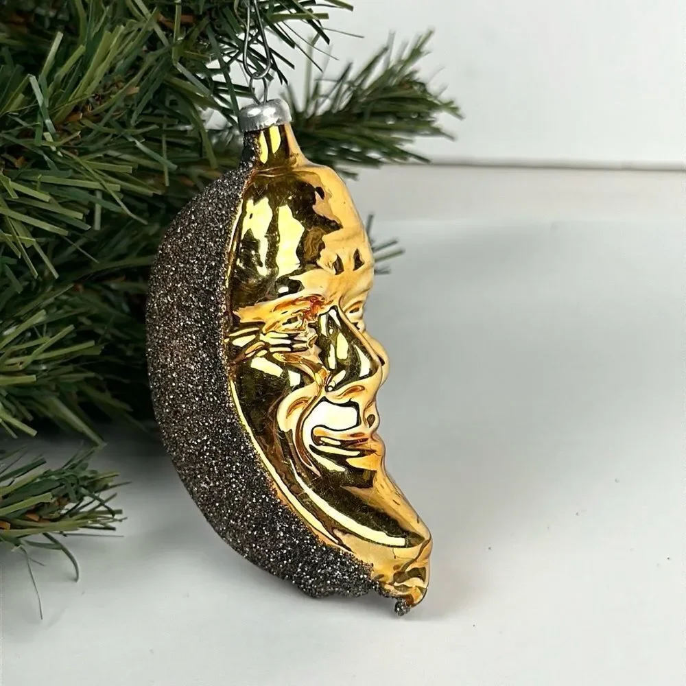 Blown Glass Christmas Ornament Shimmering Crescent Moon Face Gold  Germany Vtg